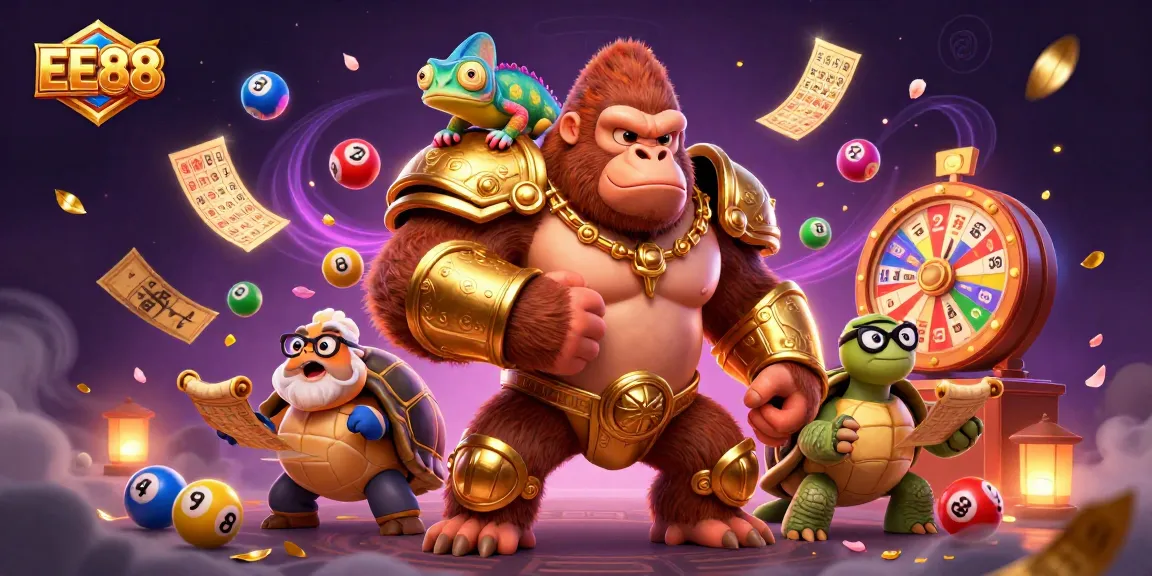 Experience thrilling wins with EE88 amid colorful gambling elements in a vibrant 3D scene.
