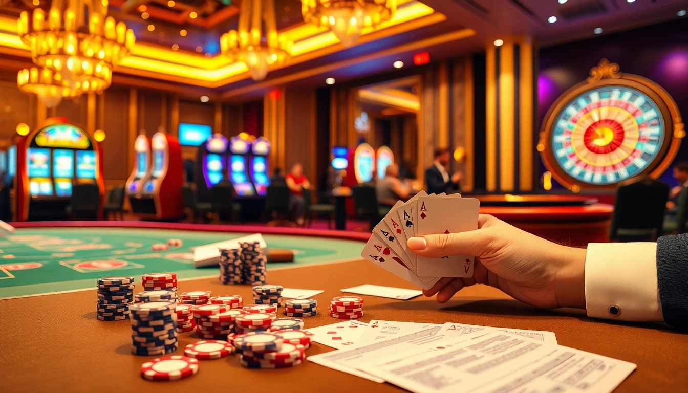 Exciting casino scene showcasing Nhà cái uy tín with poker chips, players, and roulette wheel.