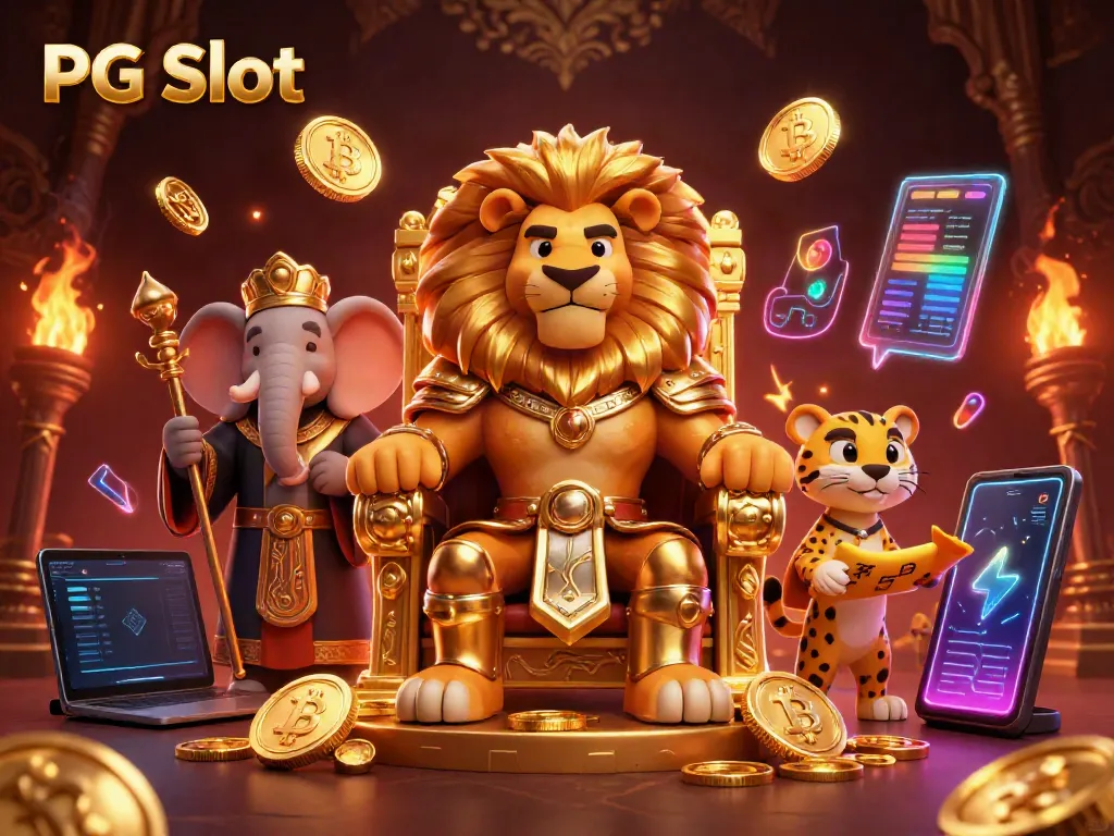 Experience PG Slot gaming excitement with a dynamic 3D illustration of a casino-themed scene featuring royal characters.