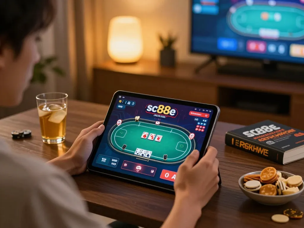 Player enjoying sc88e online poker game on tablet in cozy home setting with snacks