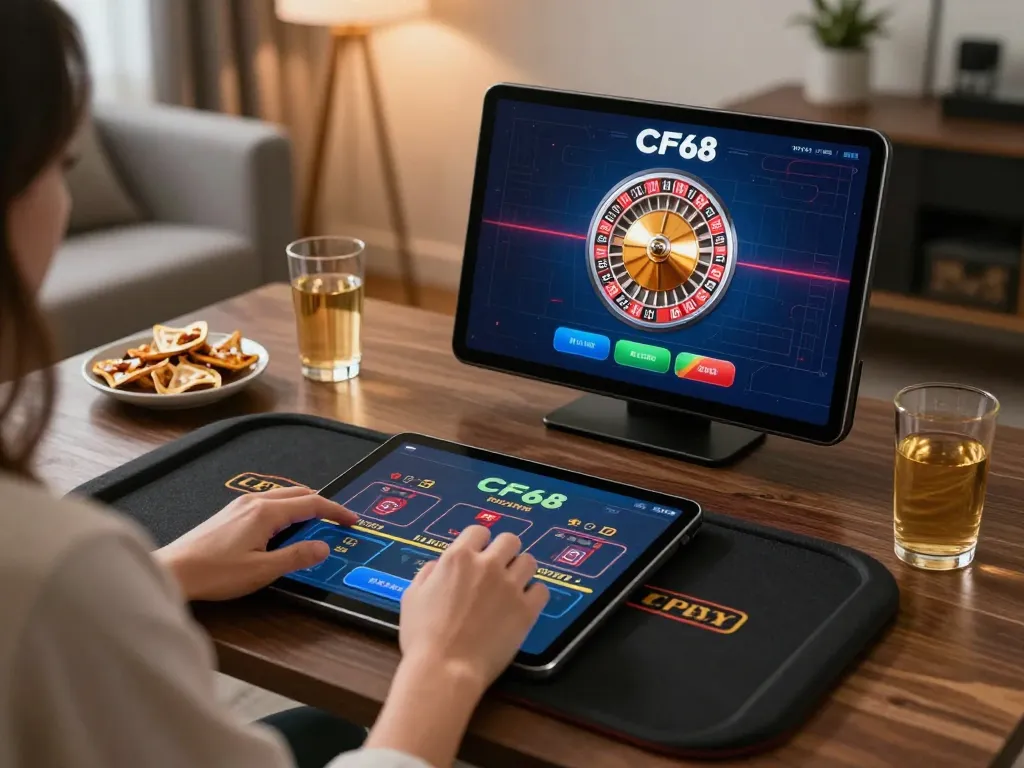 Player engaging in online casino gaming at CF68, showcasing tablet screen with roulette while enjoying home comforts.