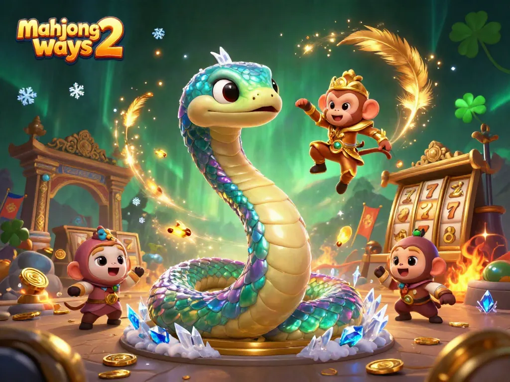 Engage with Mahjong Ways 2 as a vibrant 3D illustration depicting a rainbow serpent and a golden monkey king amidst casino elements.