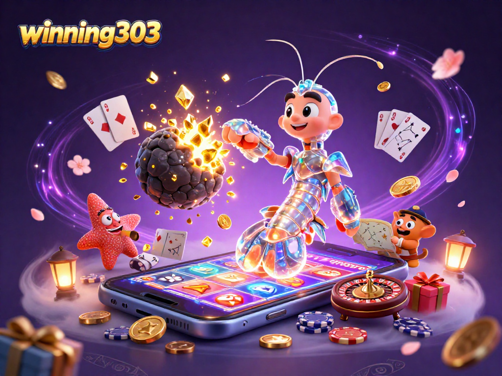 Winning303 slot game scene featuring galactic samurai and starfish amidst dynamic casino elements.
