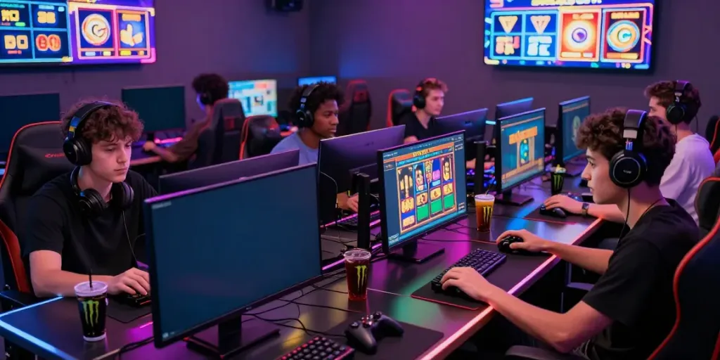Players enjoying slot gacor games in a vibrant gaming lounge, showcasing screens and gaming atmosphere.