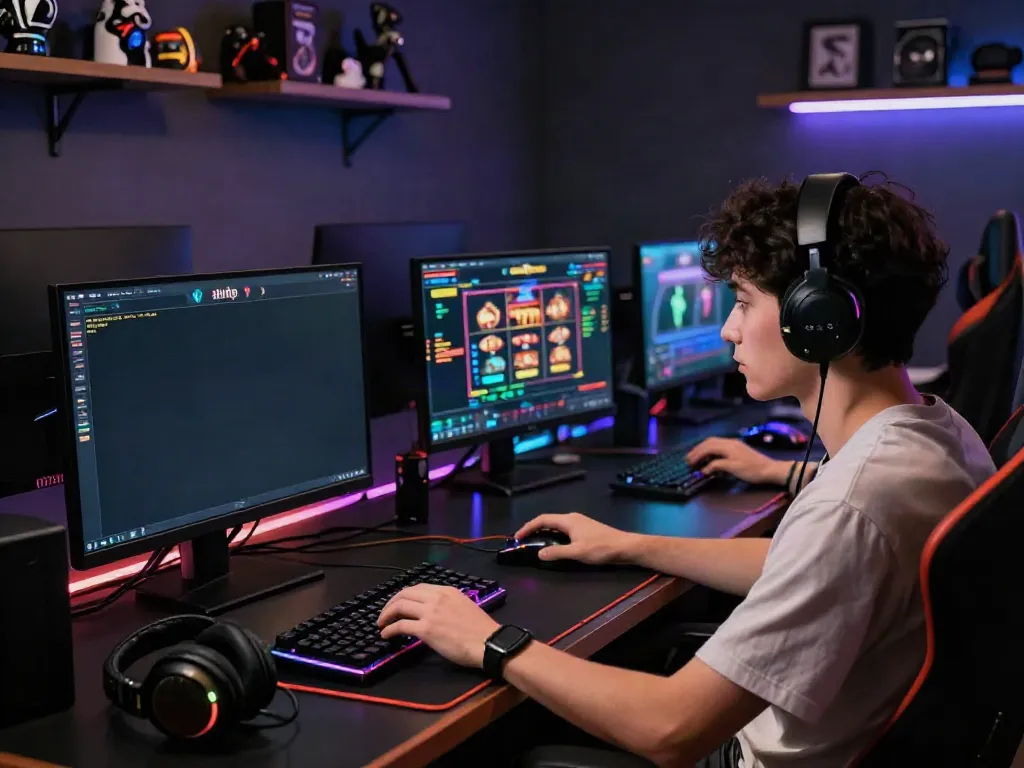 Engaged gamer at akunjp online gaming setup with colorful slot graphics