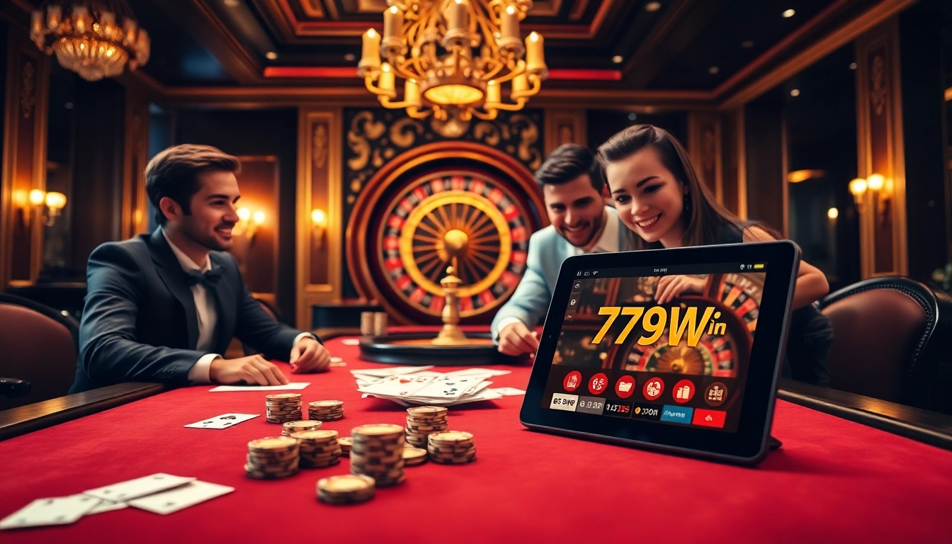 Engage with the vibrant atmosphere of the trang chủ 789Win casino featuring poker chips and a roulette wheel.