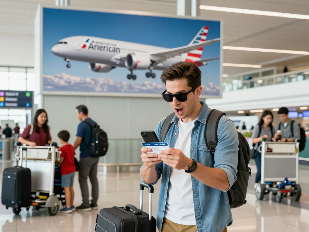 Excited traveler at airport gate preparing for a flight on American Airlines 789P.