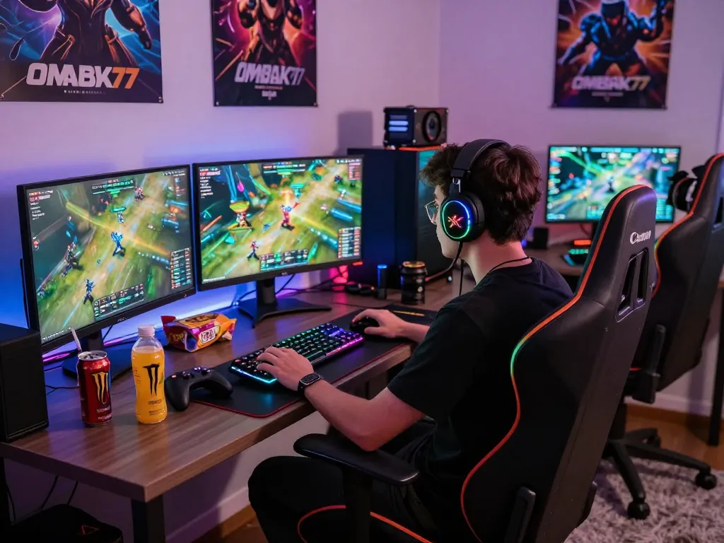 Player enjoying a thrilling OMBAK77 gaming session with immersive setup and dynamic atmosphere.