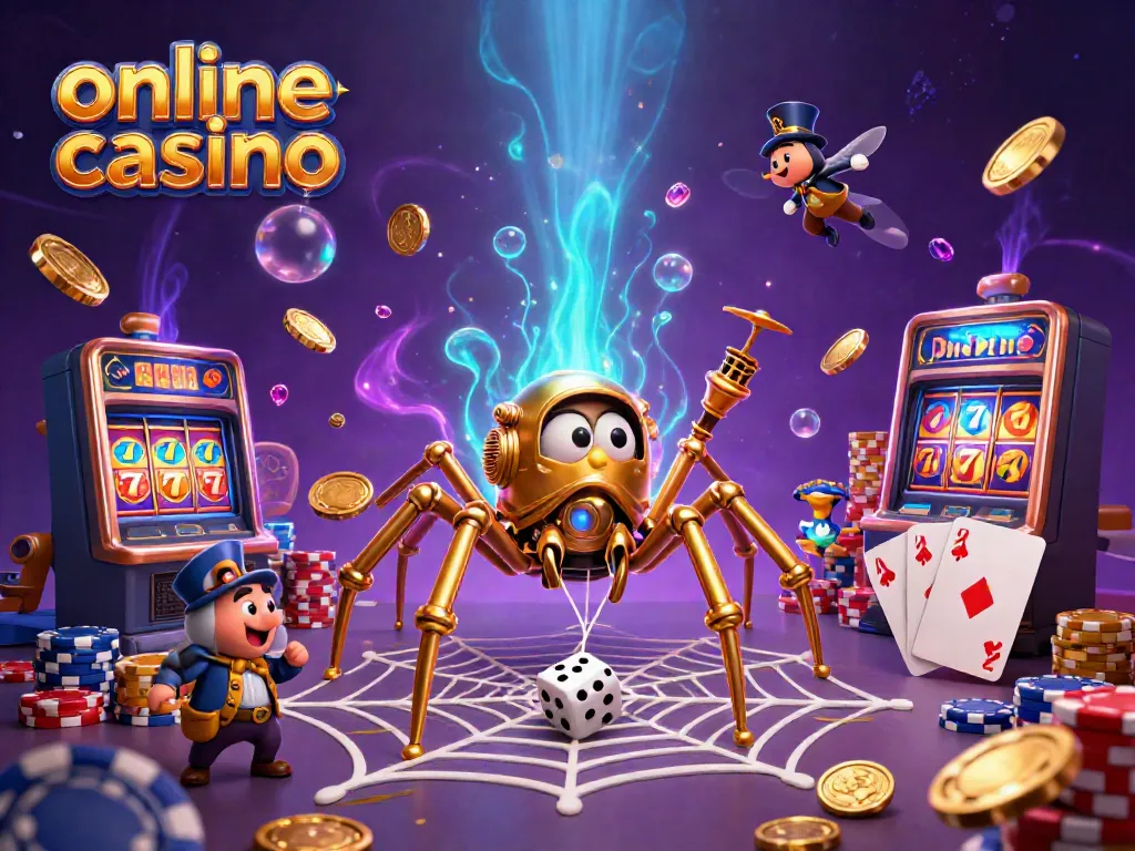 Engaging scene of a steampunk spider in an online casino setting, showcasing dynamic slot reels and poker chips.