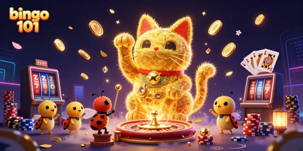 Engage in thrilling casino gameplay with Bingo 101, featuring a dynamic scene of vibrant fireflies and lucky symbols.