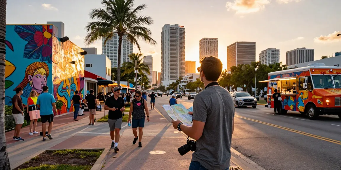 Pengalaman kota Miami yang berwarna-warni saat matahari terbenam, menjelajahi https://miami4d.com/ dengan pemandangan mural dan skyline.