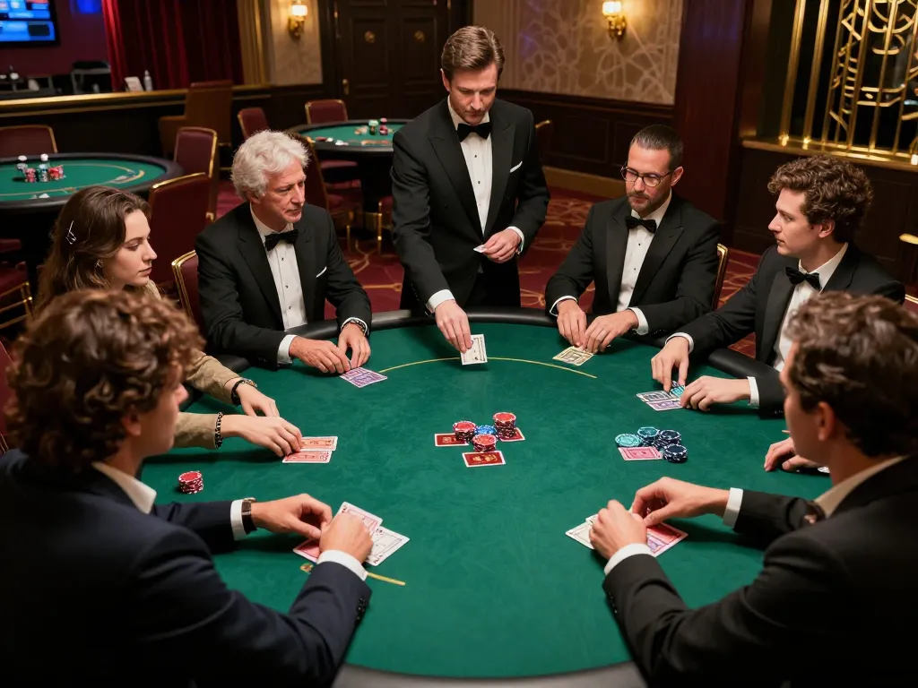 Players strategizing at a poker table in upscale casino, enhancing their skills with 9bet