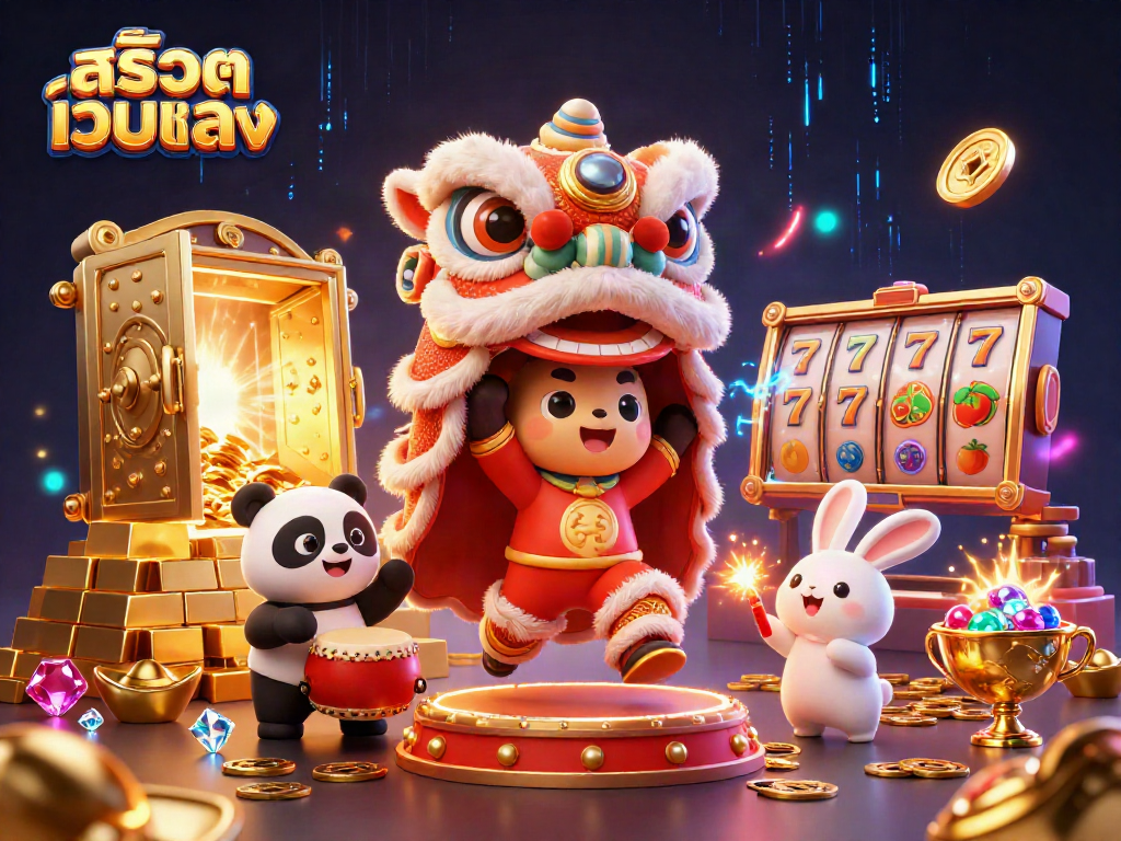 Play exciting slots at สล็อตเว็บตรง featuring vibrant lion dance and treasures.