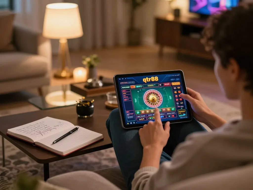 Person using qtr88 casino app on tablet for online gaming with warm home setup.