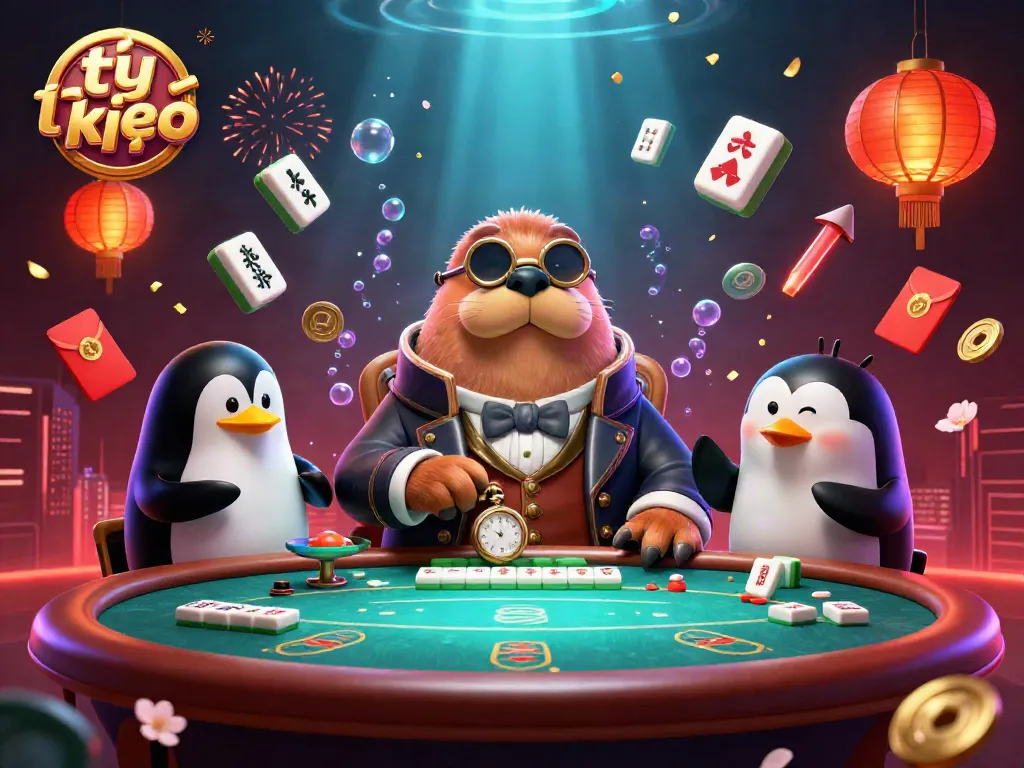 Experience the excitement of tỷ lệ kèo with an underwater poker scene featuring a walrus, penguin dealer, and pufferfish player.