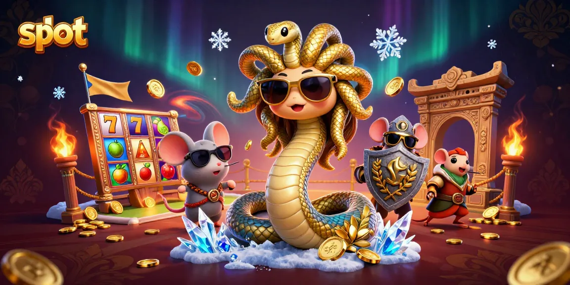 Spin slots with Medusa and a warrior mouse in a vibrant casino atmosphere filled with gold coins.
