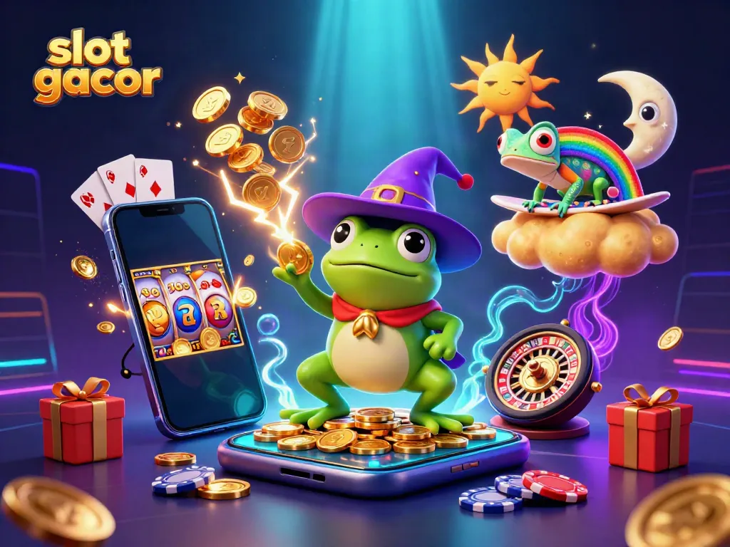 Experience slot gacor magic with a cartoon wizard frog, rainbow chameleon, and shimmering gold coins.