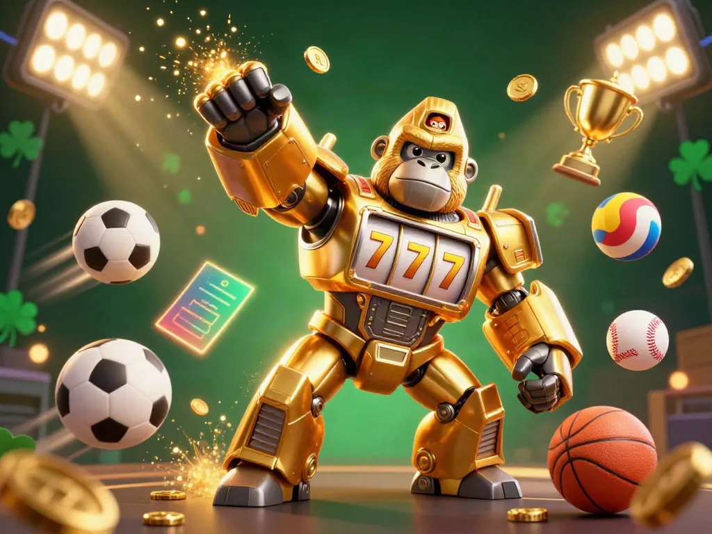 Engage in the exciting world of c168 gaming with a vibrant 3D illustration of a golden gorilla mech and dynamic sports elements.