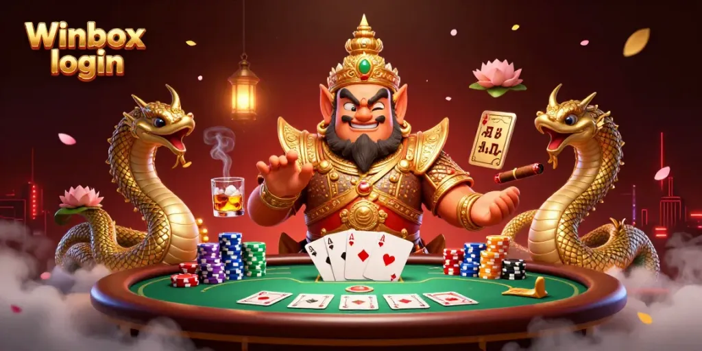 Join the Winbox login experience with vibrant casino elements and dynamic characters in this captivating illustration.