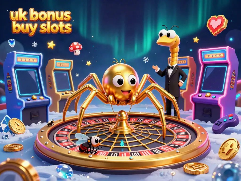 Engage with thrilling uk bonus buy slots in a vibrant casino scene featuring a golden spider and animated characters.
