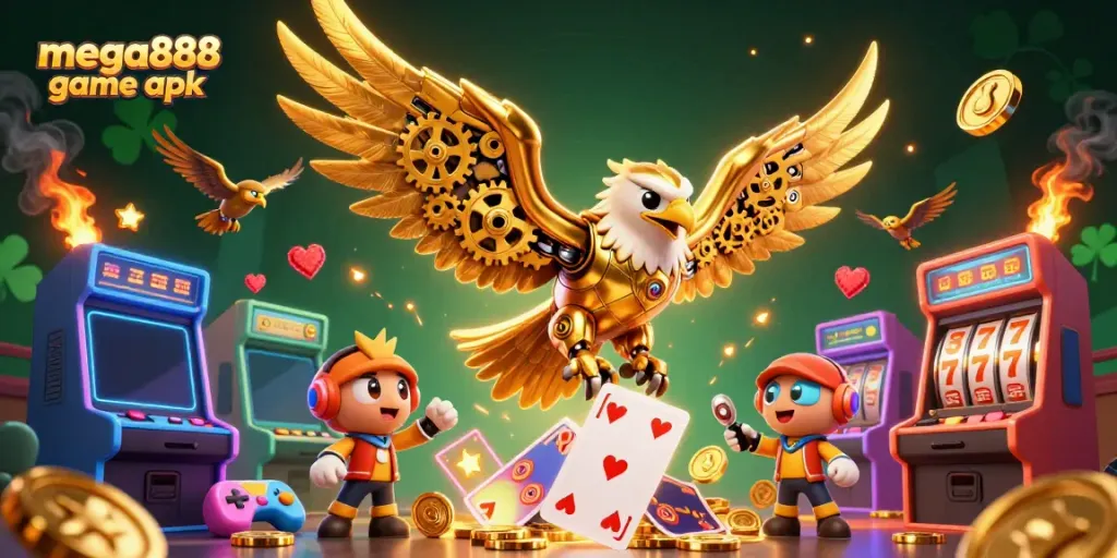 Experience the thrill of the mega888 game apk with a vibrant 3D scene of dynamic casino gaming elements.
