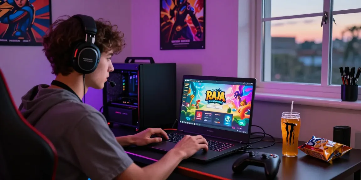 Raja Game login showing a gamer focused on online play, with vibrant game graphics.