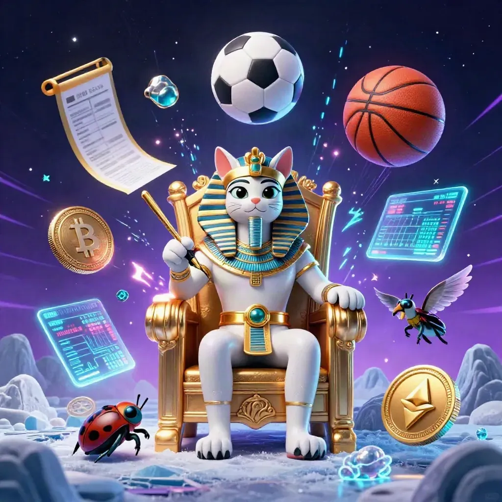 Pharaoh cat on throne with ibis scribe and scarabs amid coins, balls, and neon casino energy.