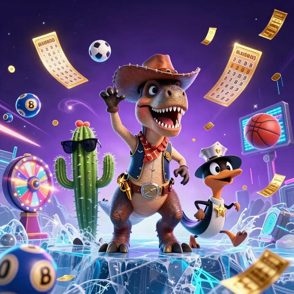 Cowboy T-Rex, cactus, and roadrunner amid casino balls, wheel, tickets, and neon winter light