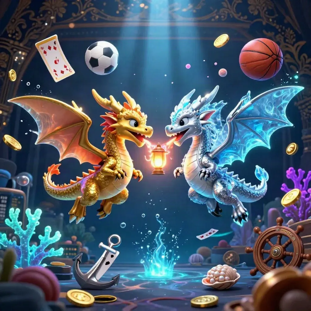 Twin dragons in a neon underwater treasure cove with sports balls, cards, and glowing gold coins.