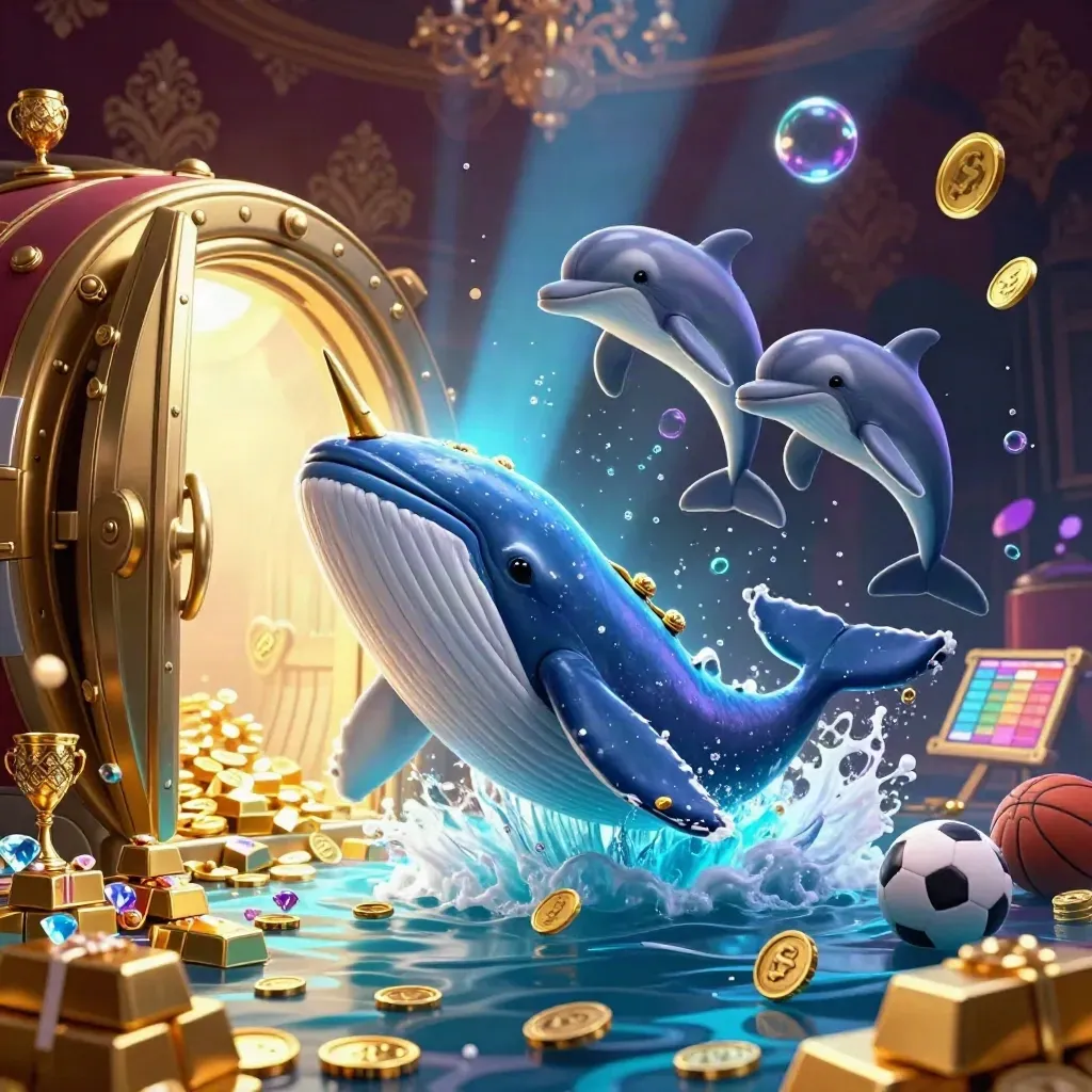Whale captain, narwhal, and dolphins burst through coins and treasure in icy casino glow.