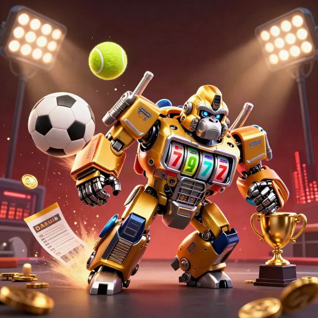 Golden gorilla slot mech with tiny pilot, sports balls, coins, trophy and floodlights.