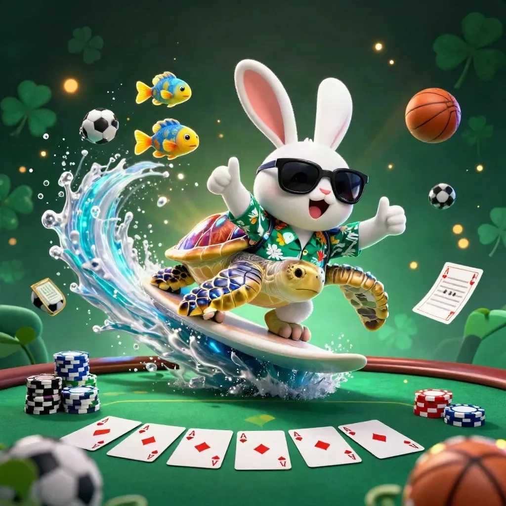 Cartoon rabbit on a golden turtle amid chips, cards, fish, and icy casino lights.
