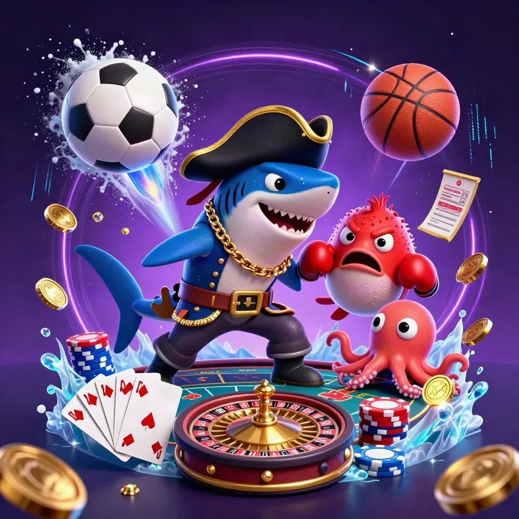 Shark pirate, boxing pufferfish and octopus amid casino props, coins and neon winter glow.