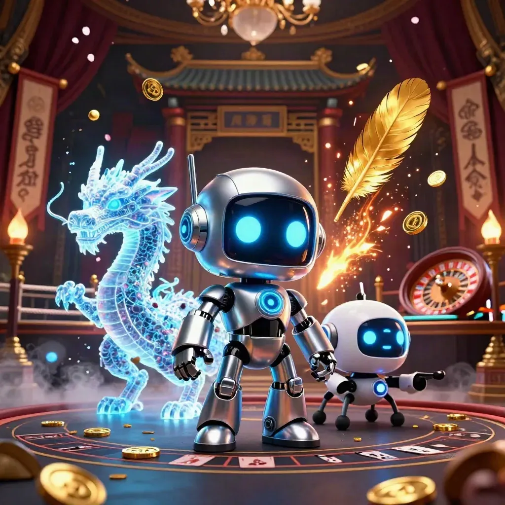 Cyberpunk robot, holographic dragon, and coin drone in a frosty casino room with glowing luxury accents.