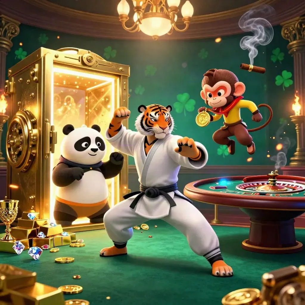 Tiger, panda, and monkey in a glowing winter casino vault with gold, gems, and a roulette wheel
