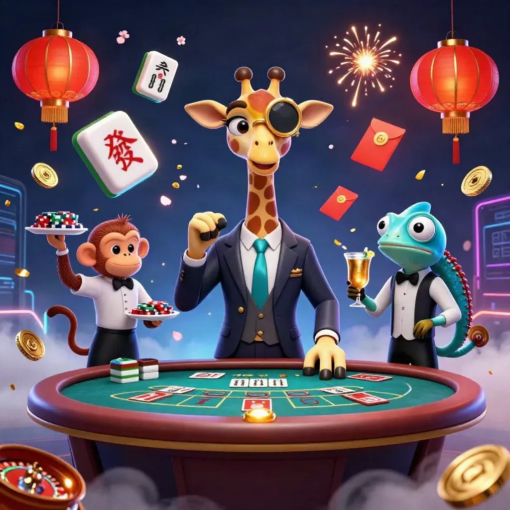 3D giraffe high roller, monkey valet, and chameleon bartender in an icy neon casino scene