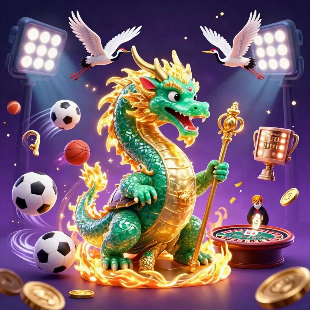 Jade dragon, turtle sage, and cranes in a neon casino fantasy with sports balls and glowing tables.