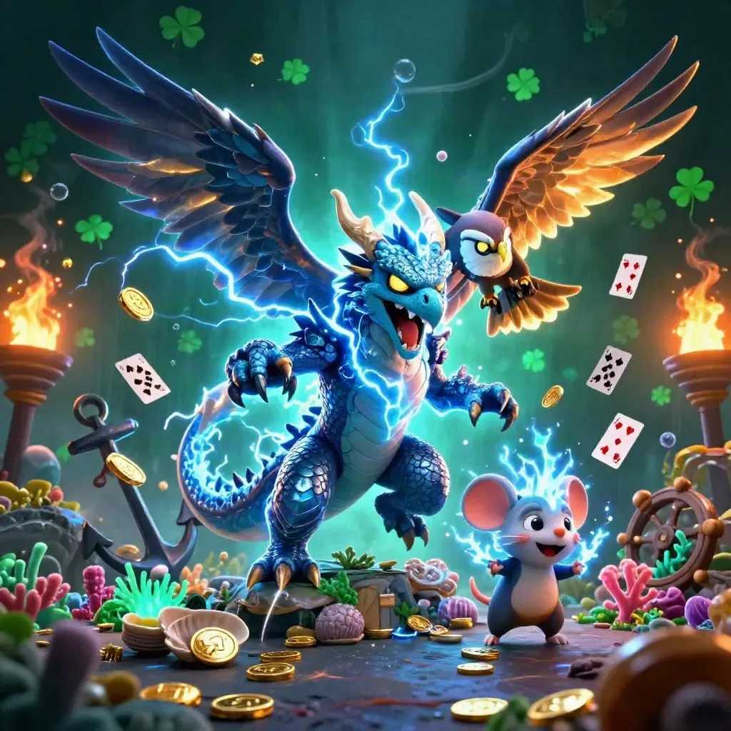 Thunder dragon, wind hawk, and thunder-mouse amid treasure, coral, coins, and cyan lightning