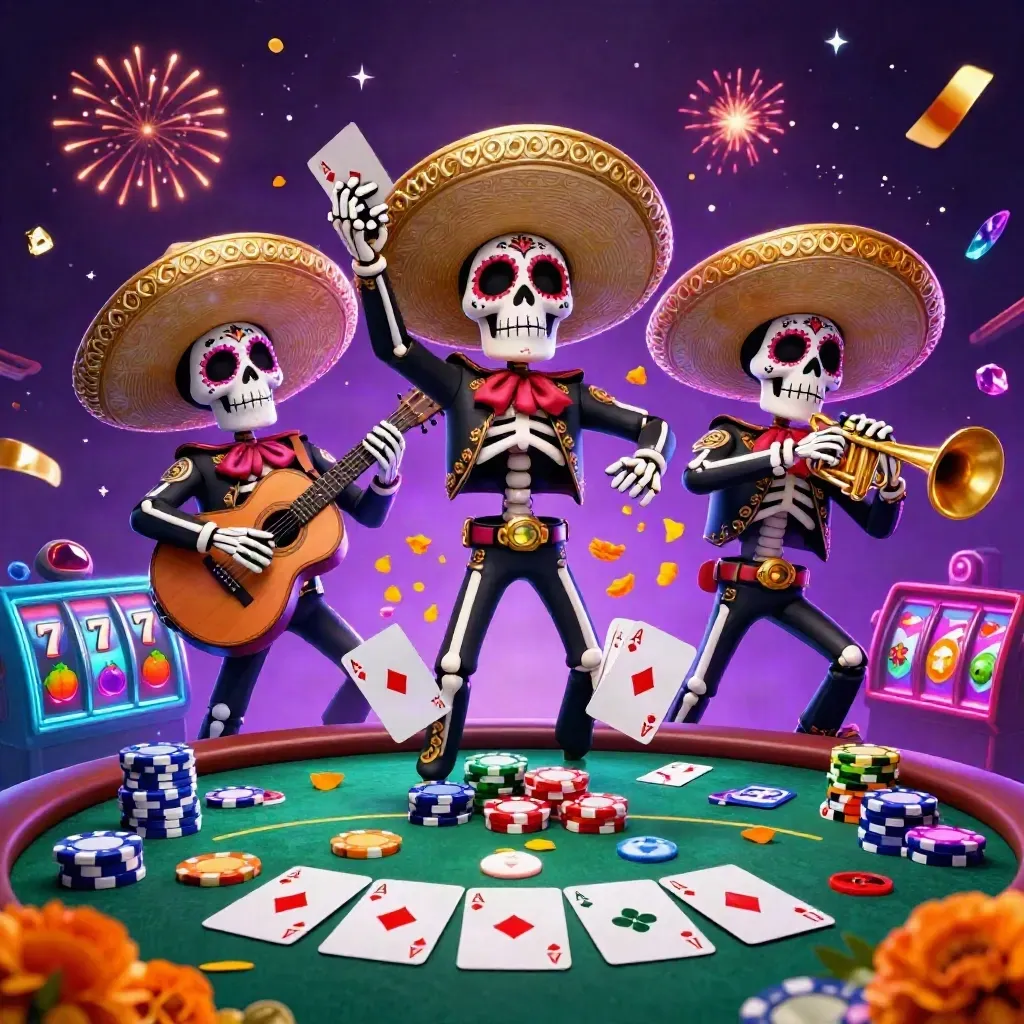 Skeleton mariachi trio exploding with poker chips, aces, neon cyan sparks and fireworks.