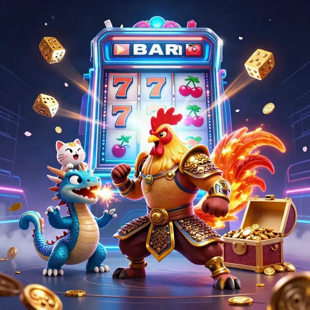 Rooster warrior, spark-breathing dragon hatchling, and fortune cat amid exploding casino loot.