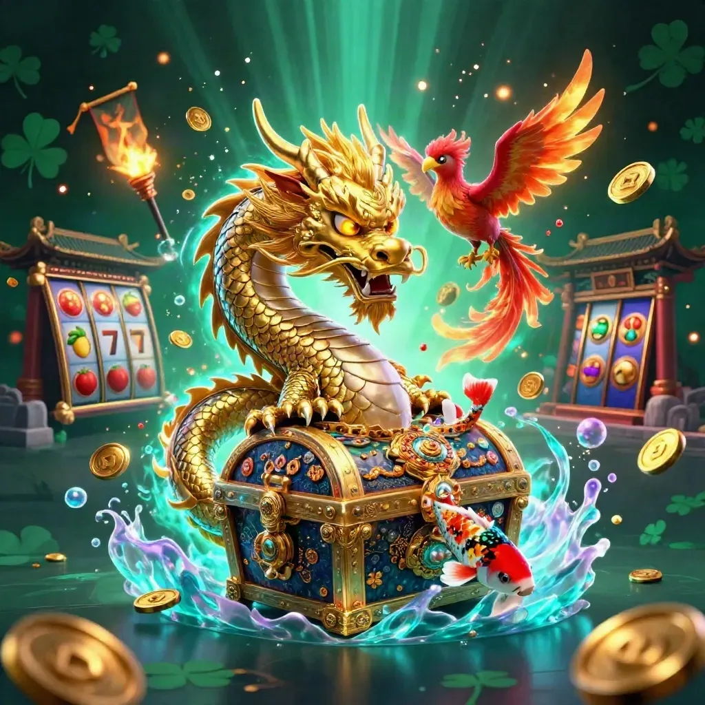 Golden dragon, phoenix, and koi around a treasure chest in icy casino glow.