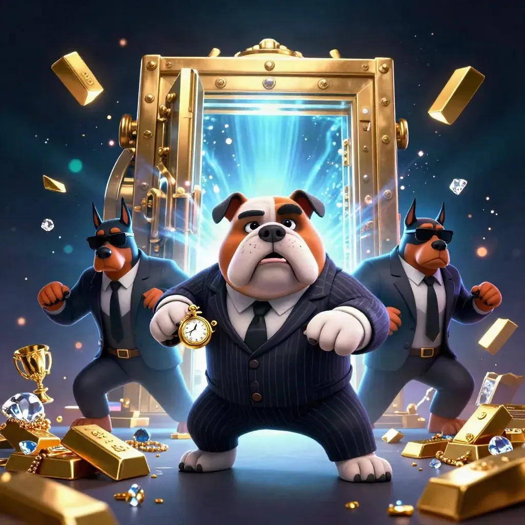 Mobster bulldog and two Dobermans burst from a glowing gold vault amid jewels and icy cyan light.