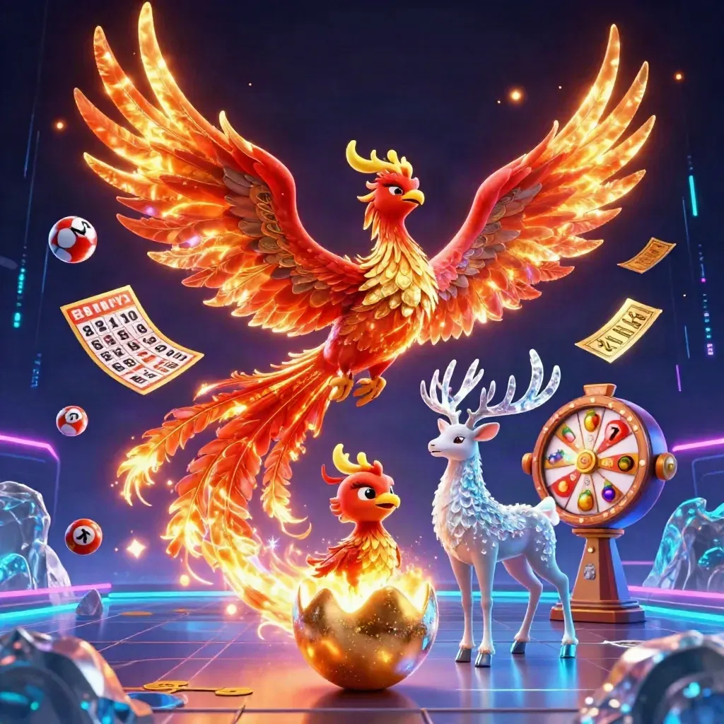 Fire phoenix, baby phoenix, and crystal stag erupt amid neon cyan casino bursts in icy dark space