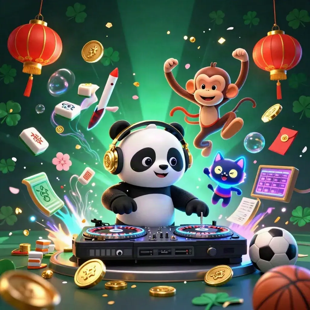 Panda DJ, dancing monkey, and kitten amid coins, fireworks, and casino symbols in icy neon glow.