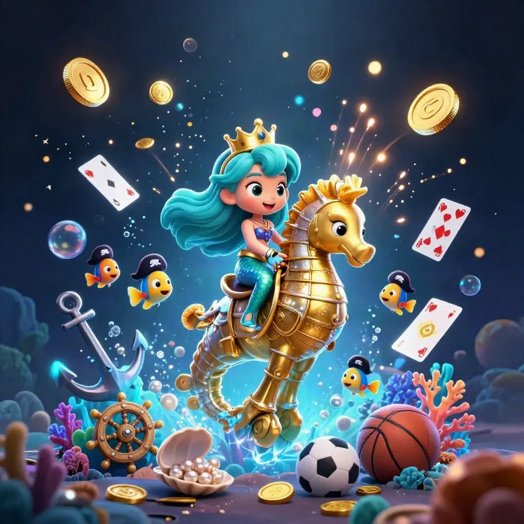 Mermaid princess on a gold-armored seahorse amid coin bursts, fish, and icy casino sparkle.