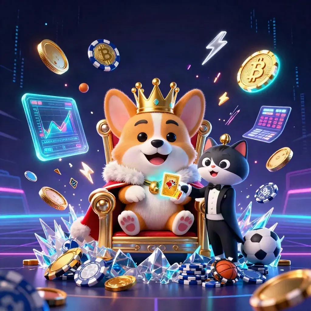 Royal corgi on chip throne with cat butler, flying coins, crypto symbols, and neon winter casino glow.