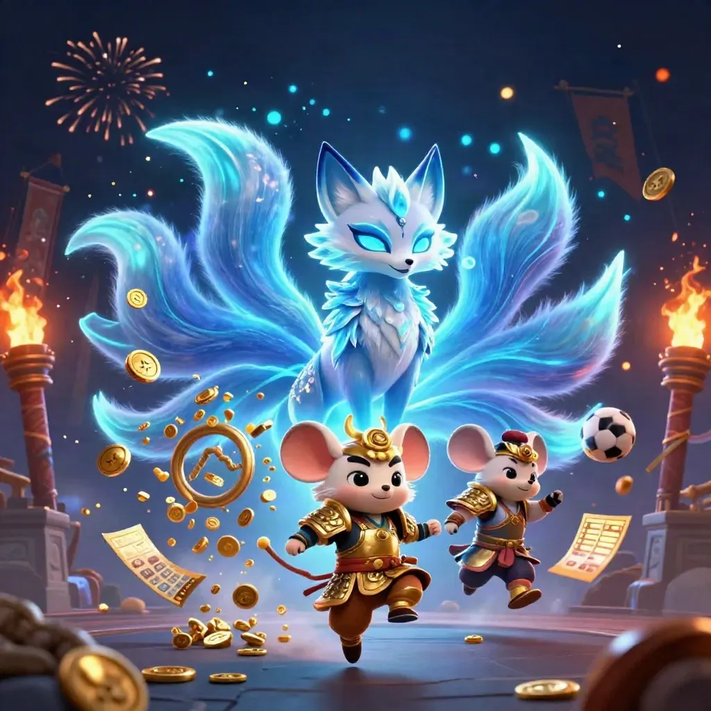 Nine-tailed fox spirit and samurai mouse amid casino treasure, coins, fireworks, and winter glow.