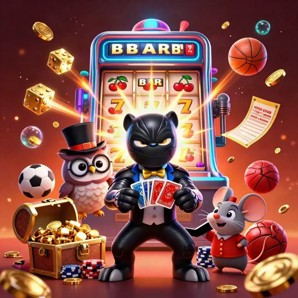 Panther, owl, and mouse celebrating a casino jackpot amid coins, chips, dice, and sports bets.