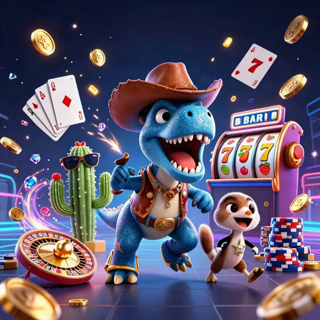 Cartoon cowboy T-Rex, cactus sidekick, and sheriff roadrunner amid casino gems and neon winter glow.