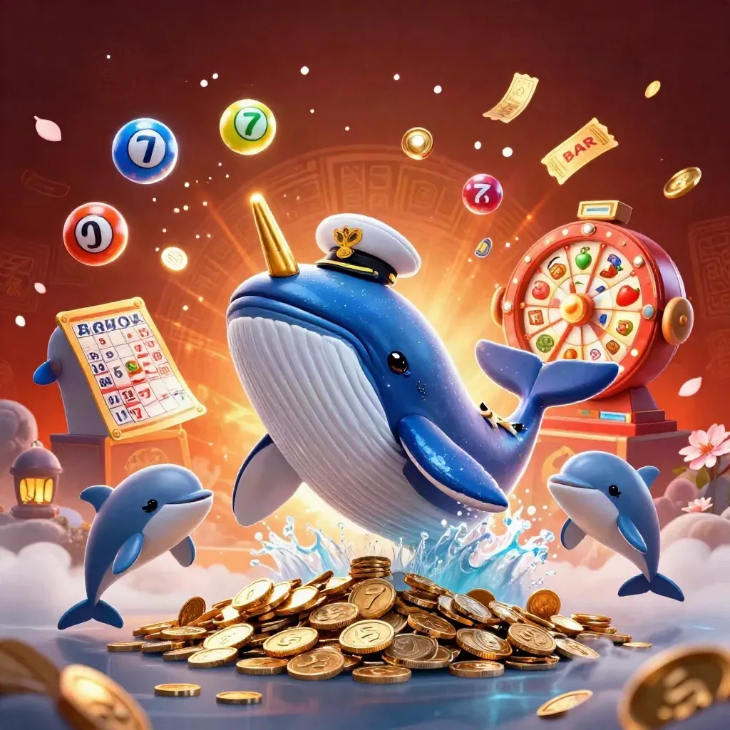 Whale captain, narwhal, and dolphins amid coins, lottery balls, reels, and icy casino glow